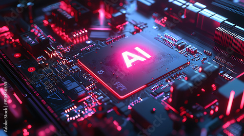 Detailed Close-Up of Modern High-Tech Motherboard with Circuitry and Components Featuring Glowing 