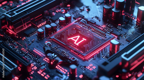 Detailed Close-Up of Modern High-Tech Motherboard with Circuitry and Components Featuring Glowing 