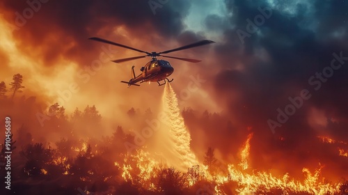 firefighting helicopter in action against smoky sky water bucket swings beneath as it battles raging forest fire dramatic lighting from flames illuminates scene photo