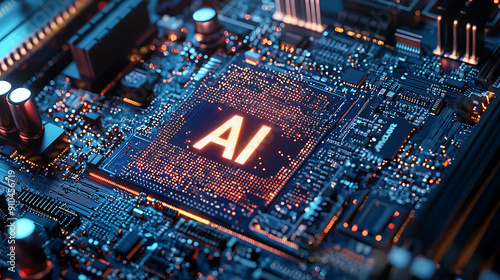Detailed Close-Up of Modern High-Tech Motherboard with Circuitry and Components Featuring Glowing 
