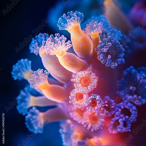 An astonishing macro shot of a coral polyps cluster, revealing vivid colors and complex structures, illuminated by soft underwater light, merging art and scientific discovery in a stunning underwater