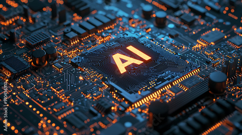 Detailed Close-Up of Modern High-Tech Motherboard with Circuitry and Components Featuring Glowing 