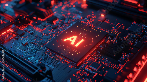 Detailed Close-Up of Modern High-Tech Motherboard with Circuitry and Components Featuring Glowing 