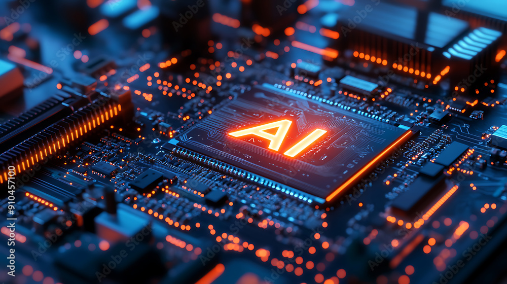 Detailed Close-Up of Modern High-Tech Motherboard with Circuitry and Components Featuring Glowing Detailed Close-Up of Modern High-Tech Motherboard with Circuitry and Components Featuring Glowing