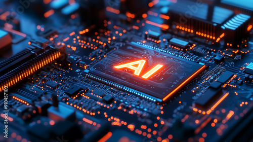 Detailed Close-Up of Modern High-Tech Motherboard with Circuitry and Components Featuring Glowing 