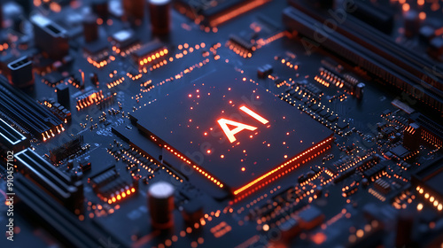Detailed Close-Up of Modern High-Tech Motherboard with Circuitry and Components Featuring Glowing 