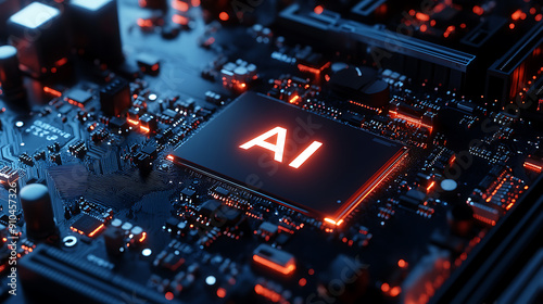 Detailed Close-Up of Modern High-Tech Motherboard with Circuitry and Components Featuring Glowing 