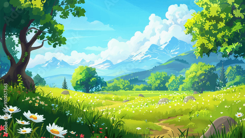 Blooming Meadows Cartoon Environment for Adventure Mobile Game Illustration Colorful Meadows Flowering Fields Vibrant Flora Nature Landscape Game Level Design Fun Graphics