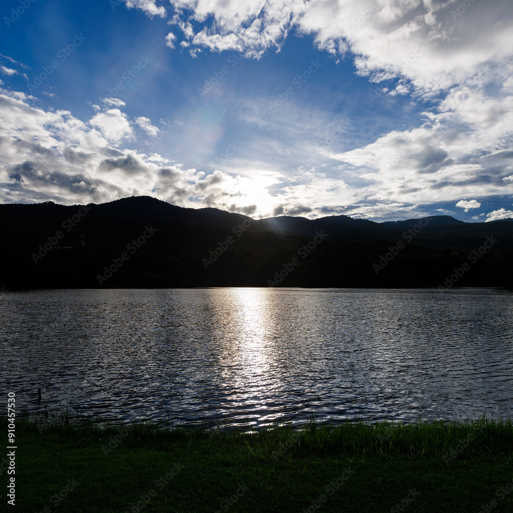 Angkaew lake Reservoir landscape with Doi Suthep mountains background at sunset Angkaew lake Reservoir landscape with Doi Suthep mountains background at sunset