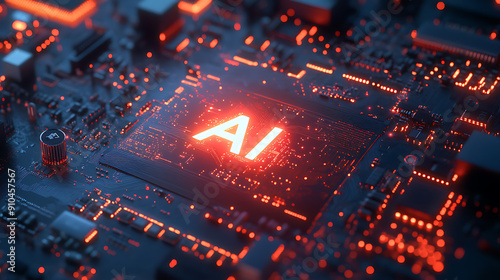 Detailed Close-Up of Modern High-Tech Motherboard with Circuitry and Components Featuring Glowing 