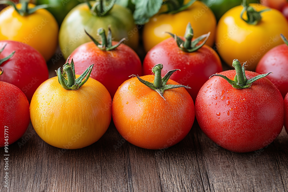 Photograph of a Variety of Tomatoes Arranged on a Wooden Table: Emphasizing different types.