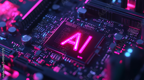 Detailed Close-Up of Modern High-Tech Motherboard with Circuitry and Components Featuring Glowing 