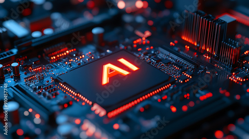 Detailed Close-Up of Modern High-Tech Motherboard with Circuitry and Components Featuring Glowing 