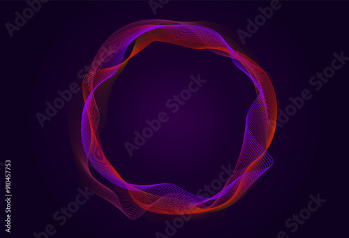Dynamic sound wave circle expressing vibrant wave patterns in a dark background with neon hues and fluid motion. Abstract colorful line art design element in vibrant purple and orange colors.