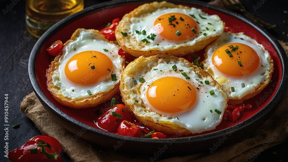 Deliciously Cooked Fried Eggs and Fresh Tomatoes Served on a Rustic Black Plate Deliciously Cooked Fried Eggs and Fresh Tomatoes Served on a Rustic Black Plate