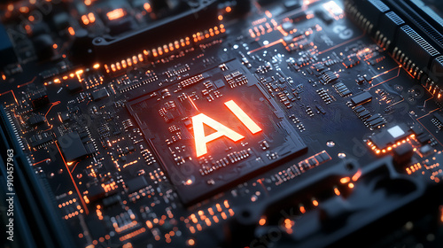 Detailed Close-Up of Modern High-Tech Motherboard with Circuitry and Components Featuring Glowing 