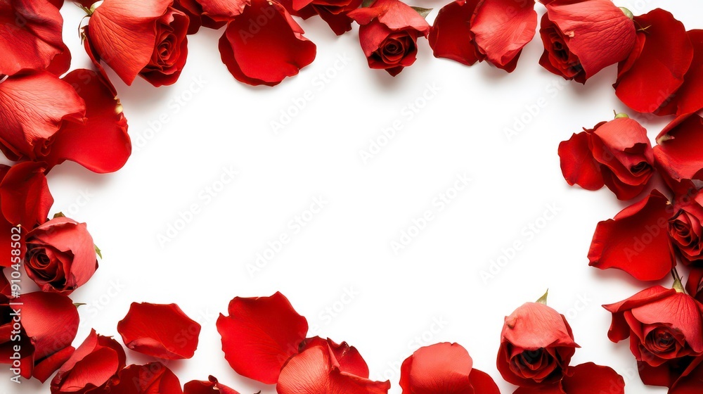 A frame of red rose petals and flowers on white background. A frame of red rose petals and flowers on white background.