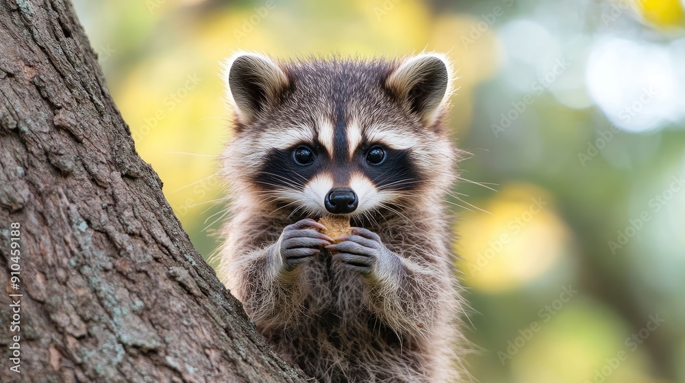 Baby raccoon eating cookie sitting on tree branch Baby raccoon eating cookie sitting on tree branch
