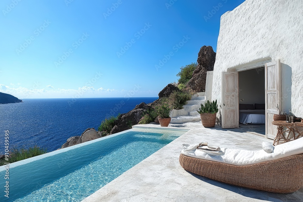 Fototapeta premium Luxurious infinity pool overlooking tranquil ocean at a cliffside villa