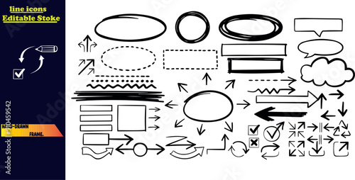 Hand-drawn line frames, arrows, circle, oval, and square-shaped frames, and check marks. Elements drawn freely with a black pen or marker, also including underlines and navigation symbols.