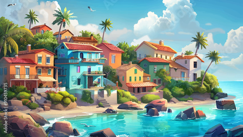 Coastal Village with Colorful Houses Cartoon Environment for Adventure Mobile Game Illustration Seaside Village Vibrant Houses Coastal Scenery Beachfront Game Level Design