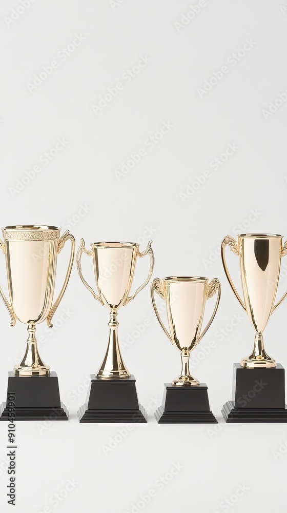 Three golden trophies with black bases arranged in a row on a light surface, showcasing recognition and achievement Three golden trophies with black bases arranged in a row on a light surface, showcasing recognition and achievement