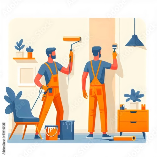 Workers painting a wall in a room, illustration photo