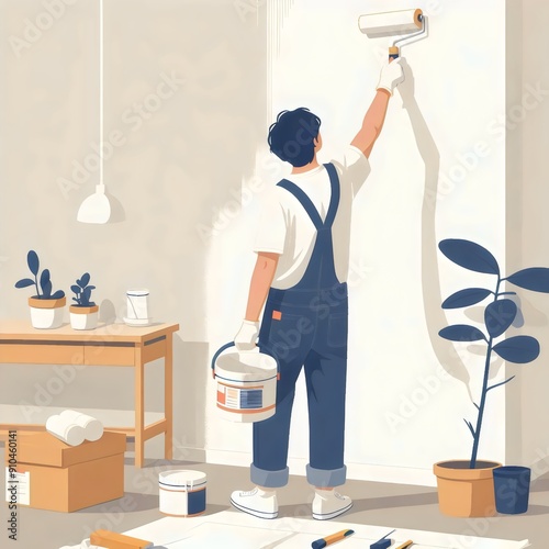 Worker painting a wall in a room, illustration. Room renovation