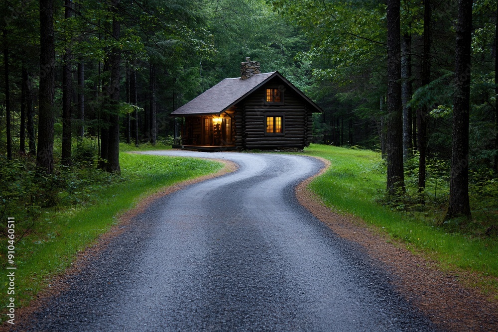 A serene forest scene featuring a cozy cabin illuminated by warm light, surrounded by lush greenery and winding pathways. A serene forest scene featuring a cozy cabin illuminated by warm light, surrounded by lush greenery and winding pathways.