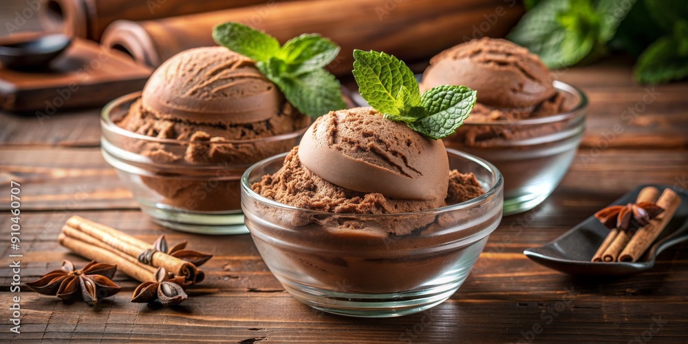 Closeup of Chocolate Ice Cream Scoops with Mint Leaves in Glass Bowls, Cinnamon Sticks and Star Anise on a Wooden Table, ice cream , dessert , chocolate , mint Closeup of Chocolate Ice Cream Scoops with Mint Leaves in Glass Bowls, Cinnamon Sticks and Star Anise on a Wooden Table, ice cream , dessert , chocolate , mint