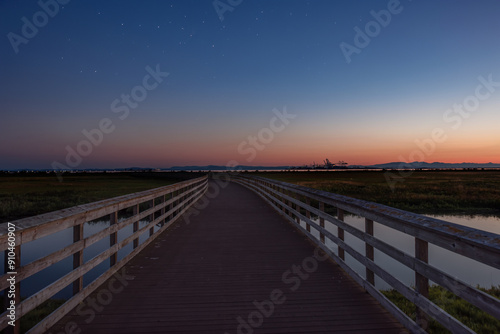 Obraz na płótnie Starry twilight after sunset over a wooden walkway to the ocean w salonie