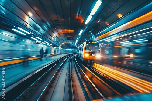 Speeding train in subway, low angle, blurred lights, urban environment, modern and sleek, high-speed motion, sense of urgency, dynamic and captivating