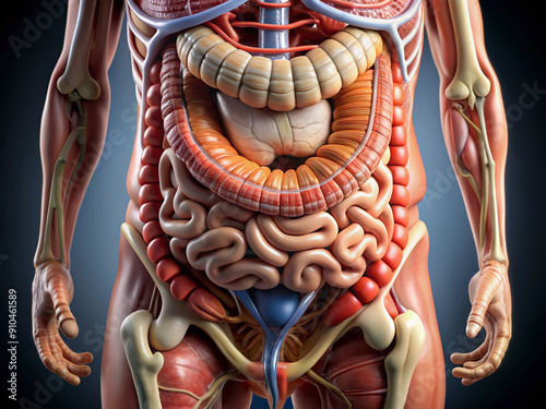 Detailed anatomical model of the human colon, exhibiting intricate folds and twists, highlighting the complex structure of the lower gastrointestinal tract. photo
