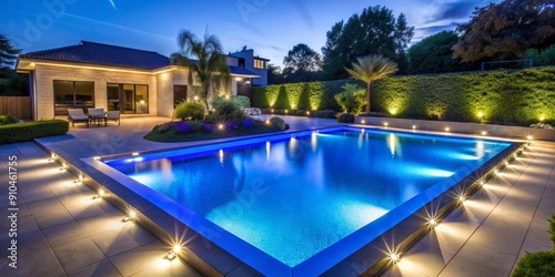 Backyard Oasis with Illuminated Pool and Patio at Dusk, pool , night , landscaping , outdoor