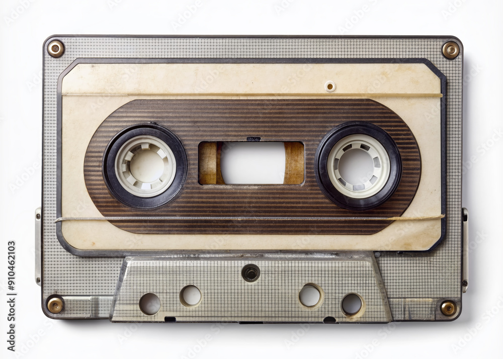 Fototapeta premium Retro audio cassette tape with twisted magnetic film and worn label isolated on a pure white background, evoking nostalgia for 80's music era.