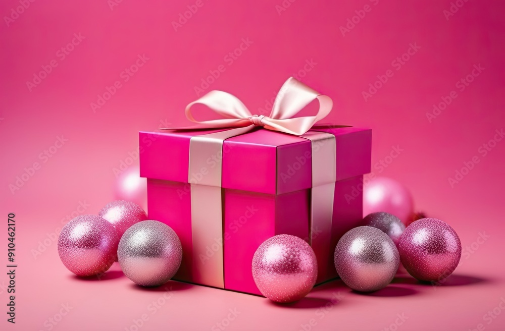A beautifully wrapped pink gift box adorned with a delicate satin ribbon, surrounded by pink Christmas balls. A beautifully wrapped pink gift box adorned with a delicate satin ribbon, surrounded by pink Christmas balls.