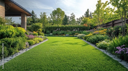 meticulously manicured garden lush green lawn vibrant flowerbed perfectly trimmed shrubs harmonious landscaping serene outdoor space botanical perfection