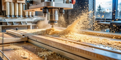 CNC Router Cutting Wood with Sawdust Flying, woodworking, wood carving, cnc machine, sawdust , woodworking, wood carving