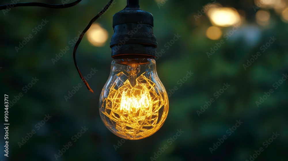 A single lightbulb with a cracked glass bulb illuminates the night.