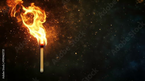 A single matchstick burning brightly with golden flames against a dark background with sparks.