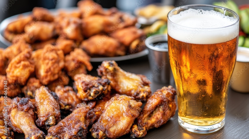 Tender chicken wings accompanied by a tall glass of golden lager, set against a warm, inviting background on a wooden tabletop Tender chicken wings accompanied by a tall glass of golden lager, set against a warm, inviting background on a wooden tabletop