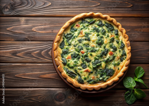 Traditional French cake. quiche with chard in white. Dark wood background. free space text. Top view. photo