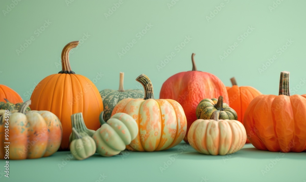 A collection of pumpkins on a pastel green background A collection of pumpkins on a pastel green background