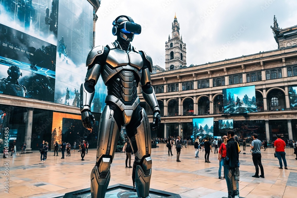 Naklejka premium A bronze robot statue stands in a city square, surrounded by people walking and cars driving by