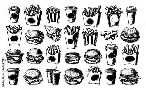 Fast Food Chips Potato Dips in a Box Hamburger Cheeseburger Coke Coffee to Go Linocut Style Icons Set Black on White Background Fast Food Items Restaurant Snacks Takeout Meals