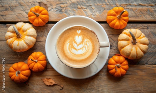 Fototapeta Naklejka Na Ścianę i Meble -  A cup of coffee with a pumpkin spice latte, surrounded by small pumpkins