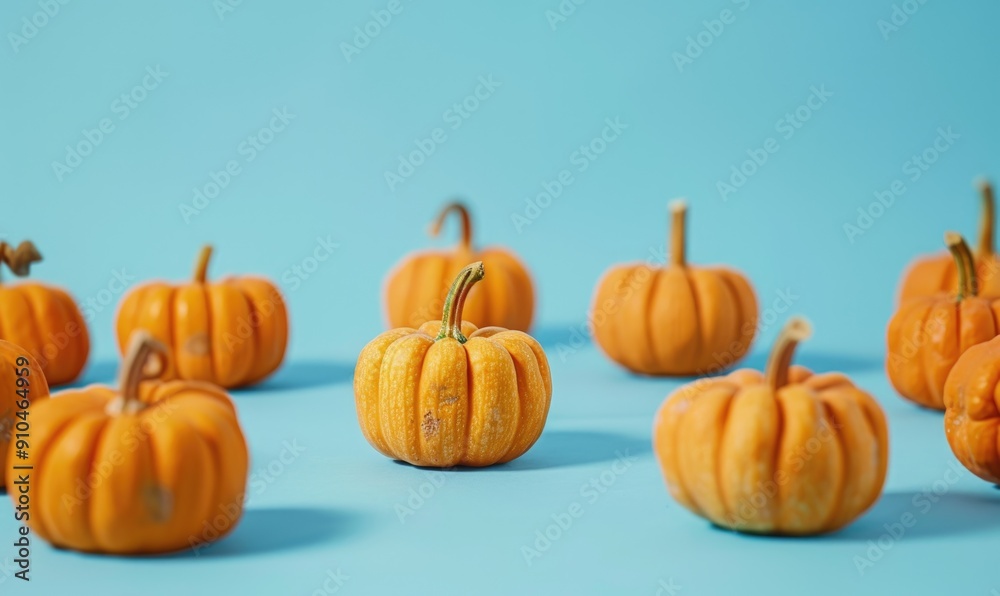 A group of small pumpkins on a pastel blue background A group of small pumpkins on a pastel blue background