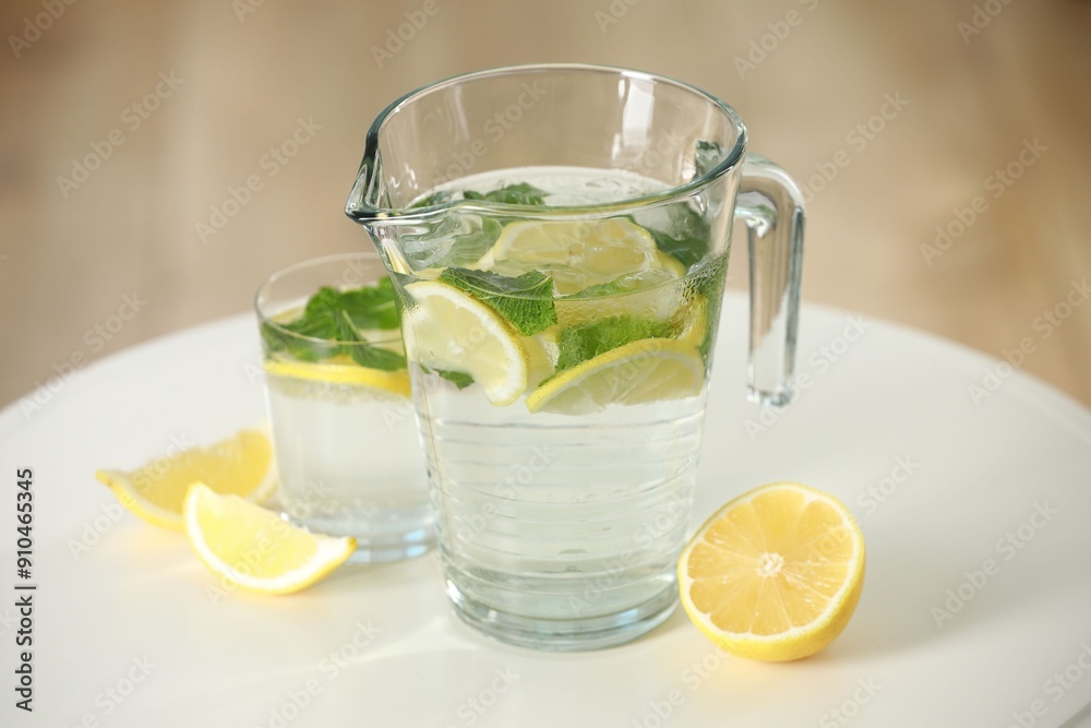 Refreshing lemonade with mint in jug and glass on white table Refreshing lemonade with mint in jug and glass on white table