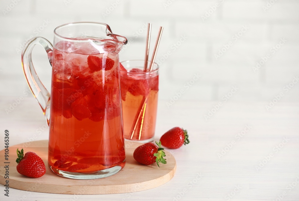 Tasty strawberry lemonade in jug, glass and berries on white wooden table, space for text Tasty strawberry lemonade in jug, glass and berries on white wooden table, space for text