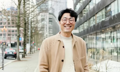 Wallpaper Mural Smiling Man in Casual Outfit Walking in Urban City Street with Modern Buildings Torontodigital.ca